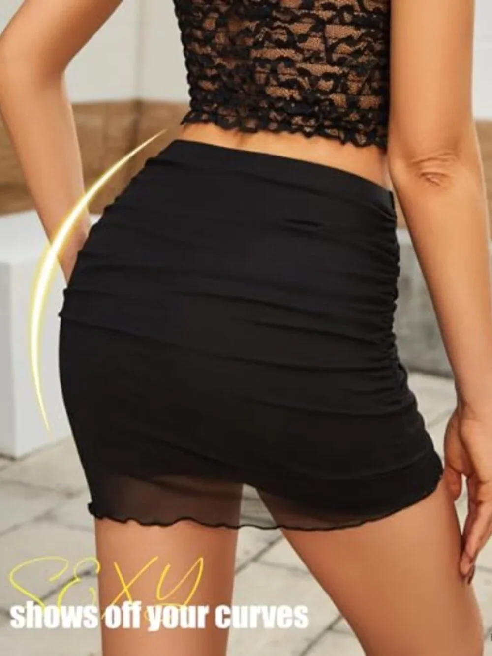 Ruched Bodycon Double Layer Mini Skirt with Lettuce Trim - Stretchy Office Club